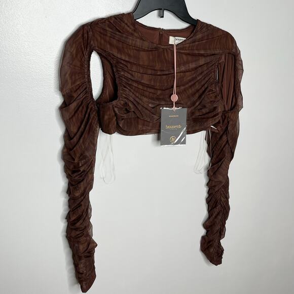House Of Cb Womens Blythe Mesh Top Large Brown Ruched Cutout Cropped - Picture 4 of 12